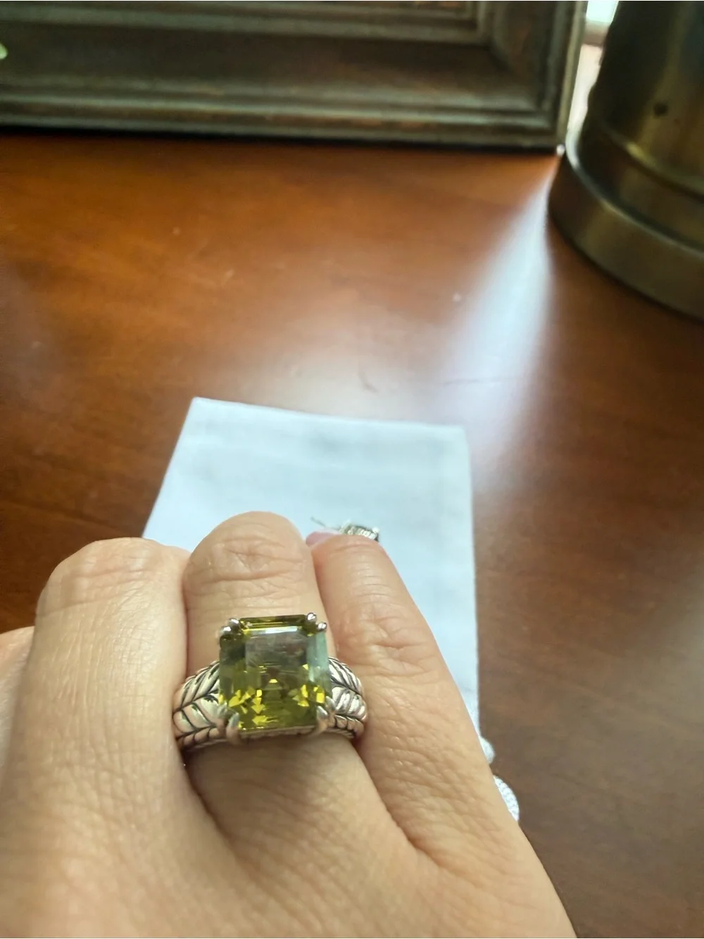 JAI Sterling Silver Asscher Cut Olive Quartz Ring & Earring Set, size 5